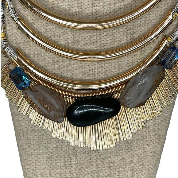 Vintage Multi Strand Gold Fringe and Beaded Statement Necklace - Picture 6 of 9